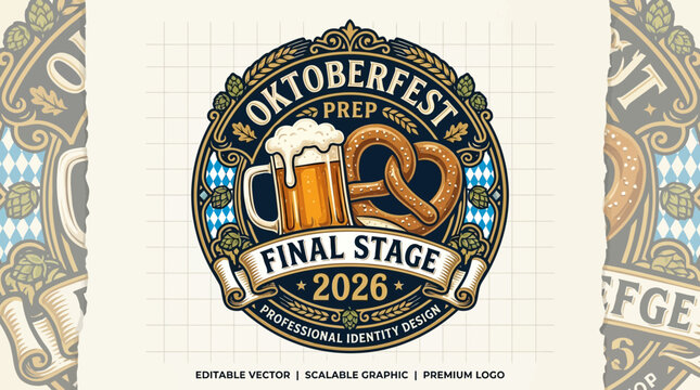 Vintage Oktoberfest badge design with beer mug and pretzel vector illustration