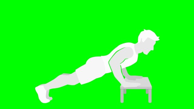 Home fitness training, upper body workout or strength progression concept. Animated man doing incline push ups for dark UI. Chroma key green screen with alpha channel. (loopable)