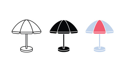 Beach umbrella icon set three styles outline solid color isolated sunshade parasol © Pure
