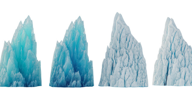 Four jagged icebergs with sharp peaks and textured surfaces