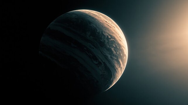 Realistic exoplanet floating in deep outer space with warm sunlight glowing on the planetary surface showing amazing cosmic astronomy and space exploration concept