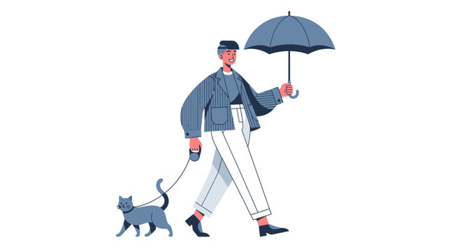 Man walking cat under umbrella in rain illustration.