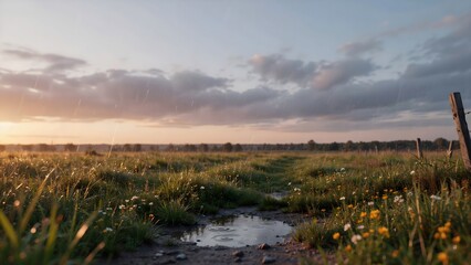 Obraz premium Scenic rural landscape with green fields, pathway, and sunset sky