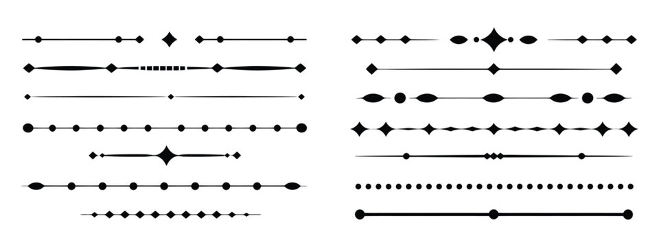 Decorative divider icon set, geometric minimal dotted and line separators for typography, layout borders and graphic design composition.