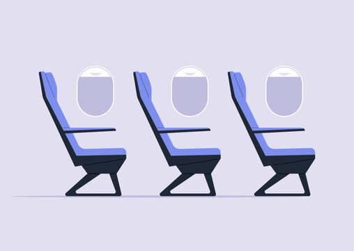 Three empty airplane seats arranged in a row, each with a cozy design and a window beside them, ready for passengers to enjoy a peaceful flight experience.