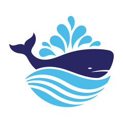 Naklejka premium Blue Whale Logo Icon Jumping Out of Ocean Water Splash Minimalist Flat Design Symbol Element