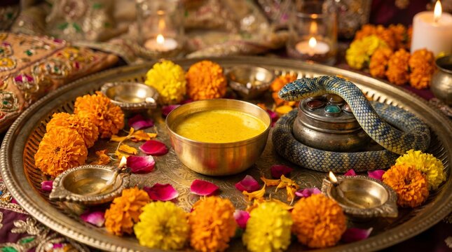 Nag Panchami, close-up pooja thali with turmeric, milk, incense, flowers, snake statue