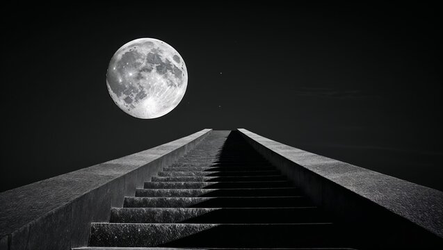Black and white image of a long staircase leading upwards towards a large full moon against a dark sky, creating a dramatic and surreal atmosphere