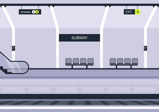 An empty subway platform with a bench and information sighs on the walls and ceilings