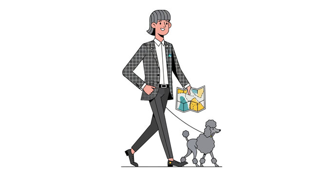 Elegant woman walking small poodle with shopping bag.