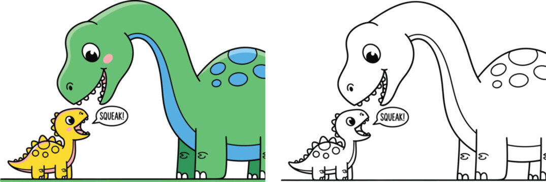 Cute Cartoon Brontosaurus and Baby Dinosaur Squeaking Friendly Dino Pair Illustration