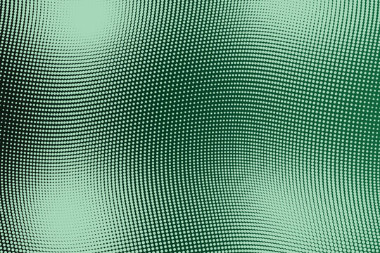 Wavy halftone pattern with gradient circles, mint green and dark emerald green geometric background