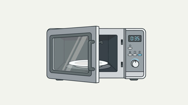 A sleek flat design vector illustration of a modern microwave oven with its door open, ideal for depicting quick meals, kitchen technology, or convenience. 