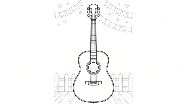 Coloring page for children with a guitar, bunting flags and a wooden fence