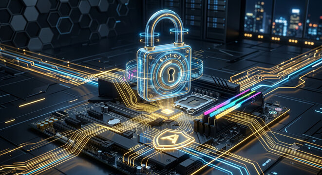 3D Glass Cube Floating in Space with Glowing Cyber Data and Code Vortices
