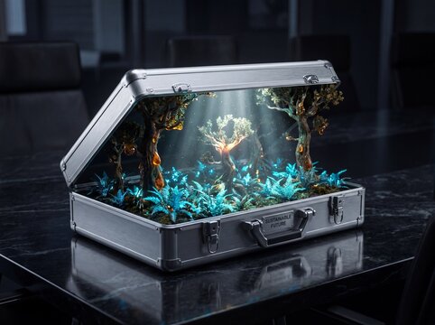 An open silver metal briefcase on a dark table, containing a miniature glowing forest with trees and blue plants, representing a green future