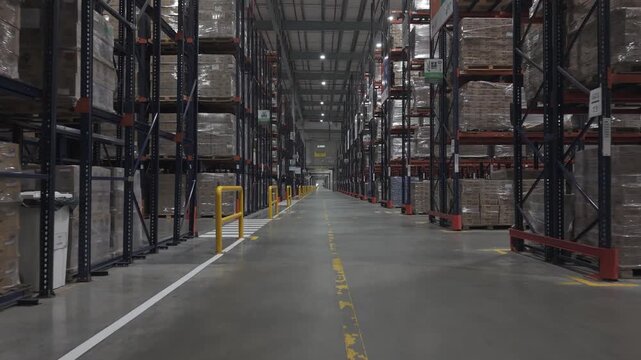 Enorme dep&oacute;sito industrial con cajas y stock almacenado, centro log&iacute;stico y almacenamiento de mercanc&iacute;as, footage industria, dep&oacute;sito, stock, mercanc&iacute;as
