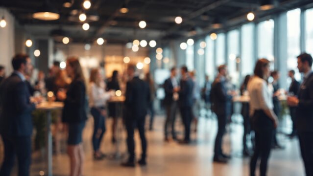 Business professionals networking at blurred corporate event, people attending a conference or social gathering