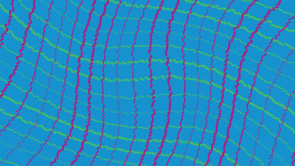 Naklejka premium Abstract wavy grid pattern with pink and green lines on a bright blue background for modern digital design and wallpaper texture
