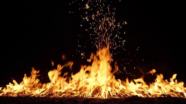 Flames Dance in Darkness: A powerful display of fire, with vibrant orange and yellow flames leaping upwards, casting sparks into the night. A mesmerizing scene of raw energy and primal beauty
