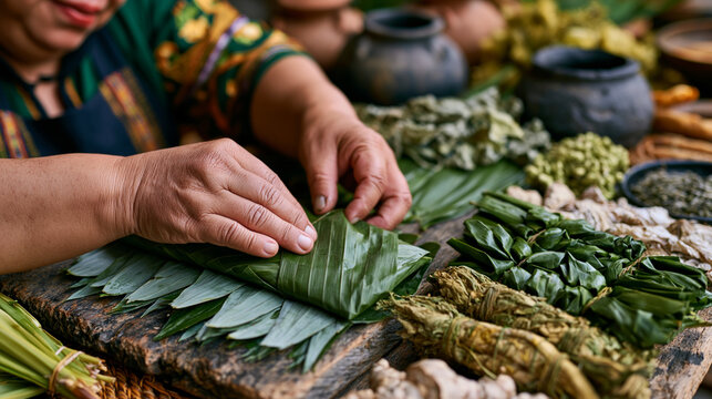 Close-up of hands belonging to a traditional herbalist as she measures and wraps medicinal plant preparations in banana leaf for a patient, clay medicine pots and dried specimen bundles arranged acr