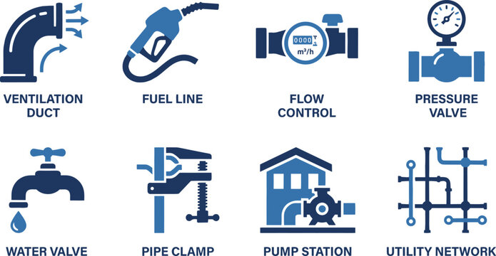 Modern ventilation duct system icon for industrial air flow and fluid transport engineering design.