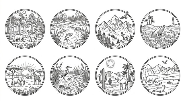 Coins with various landscape designs.