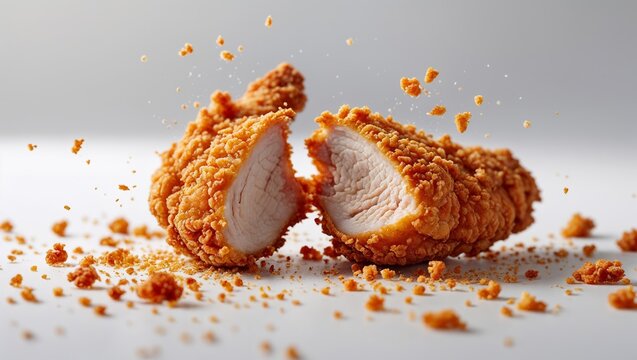 Crispy fried chicken drumsticks split in half, revealing tender meat inside, surrounded by scattered breading crumbs on a clean white background