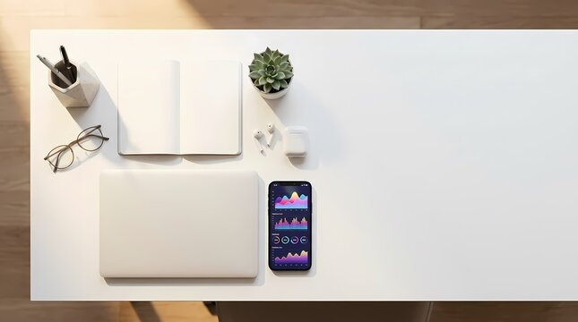 An overhead view of a still life flat lay on a white desk with a laptop computer and smartphone surrounded by office supplies in a modern indoor setting.