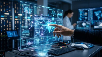 Fototapeta premium Professional woman analyzing digital data dashboard in high-tech control room with futuristic interface