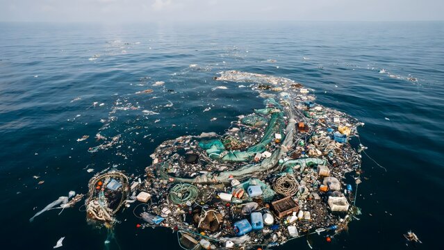 Large floating trash patch in ocean with plastic waste and debris pollution