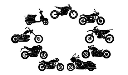 Modern black motorcycle silhouette collection with electric motocross bobber and touring bike vector icons isolated on white © Md Humaun