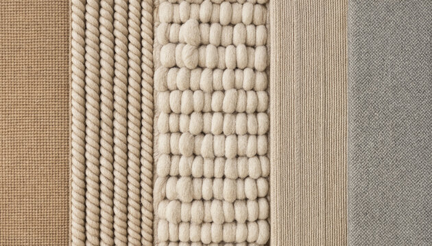 Set of different carpet and rug texture samples including braided rope and weave patterns with flooring material interior renovation swatches covering residential architectural building