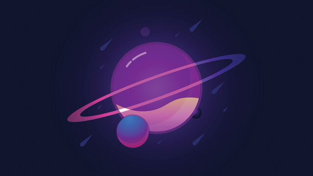 Colorful planet with rings in space, vector illustration of cosmic scene