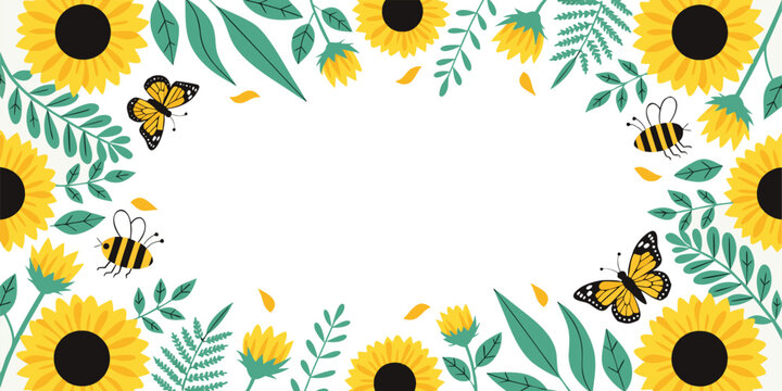 Sunflowers butterflies and bees border frame on transparent background