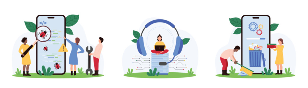Tech support service set. Tiny people clean memory of mobile phone from email spam and trash files, look for script bugs with magnifying glass, work online with headphones cartoon vector illustration