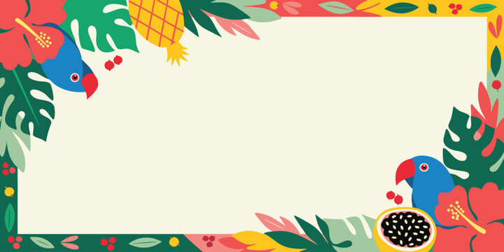 Tropical jungle frame with blue parrots and exotic fruits