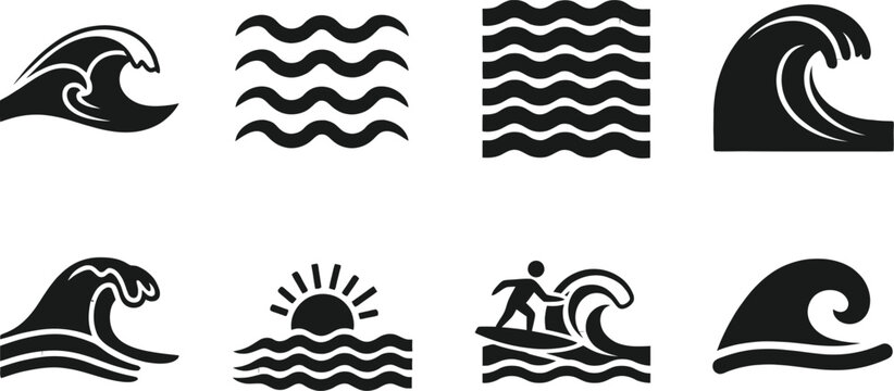Black wave and ocean icons with surfer and sun