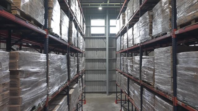Enorme dep&oacute;sito industrial con cajas y stock almacenado, centro log&iacute;stico y almacenamiento de mercanc&iacute;as, footage industria, dep&oacute;sito, stock, mercanc&iacute;as