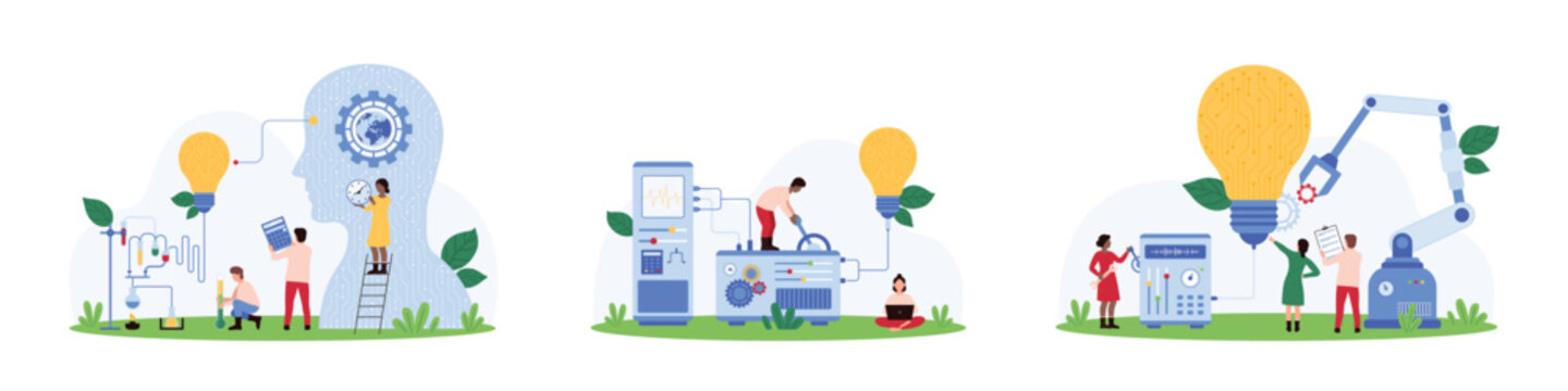 Idea creation with AI, generative artificial intelligence set. Tiny people and robot build light bulb, connect lamp and digital brain, scientists work with lab machine cartoon vector illustration