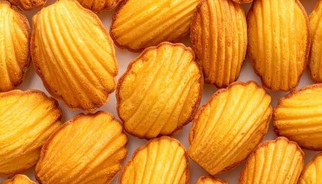 Close-up of Freshly Baked Golden French Madeleine Shell-Shaped Sponge Cakes