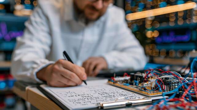 Quantum random number generation hardware module close-up on a security laboratory bench where a solitary cryptography engineer logs entropy output values on a clipboard, information security techno