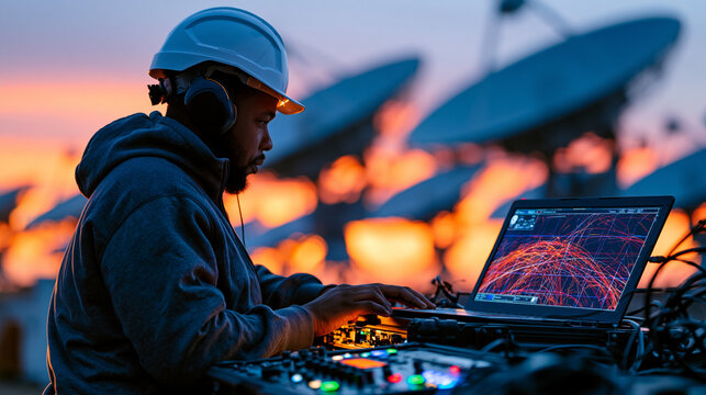 Satellite communications ground station dish array silhouetted against open sky at dusk where a technician in a hardhat monitors quantum entanglement link telemetry on ruggedized outdoor equipment, 