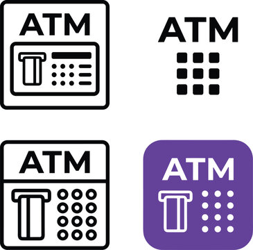 Automated teller machine ATM icon set with credit card slot and pin pad keypad symbols isolated on white background for banking