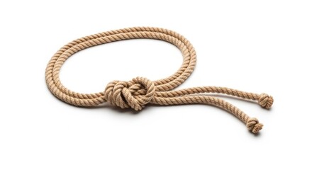 Obraz premium Close-up of a sturdy rope tied in a knot, isolated on white background, nautical theme