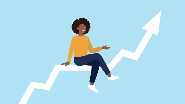 Vector illustration of a person sitting on an ascending stock market curve &ndash; growth concept