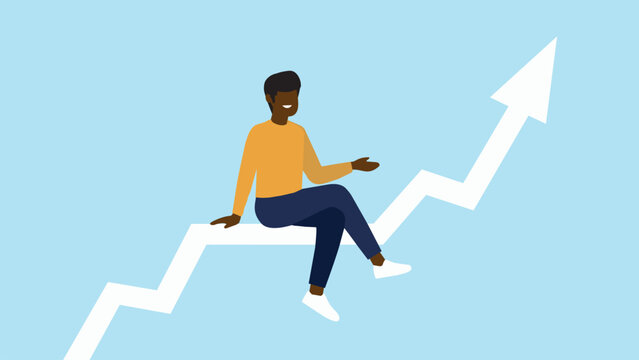 Vector illustration of a person sitting on an ascending stock market curve &ndash; growth concept