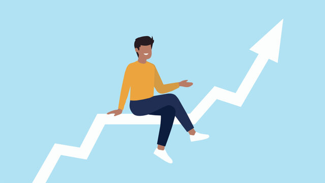 Vector illustration of a person sitting on an ascending stock market curve &ndash; growth concept