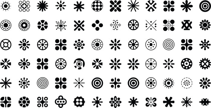 Abstract geometric symbols mega collection with black minimalist line icons circles stars snowflakes and floral tribal ornaments vector setAbstract geometric symbols mega collection with black minimal