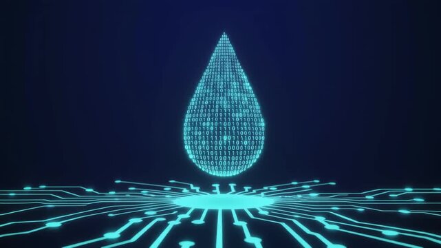 Glowing digital water drop animation composed of binary code hovering above a futuristic circuit board video